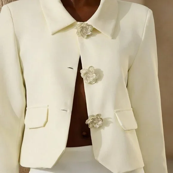 Yellow Elegant Women's Formal Blazer with Ornate Floral Details - Picture 4 of 7